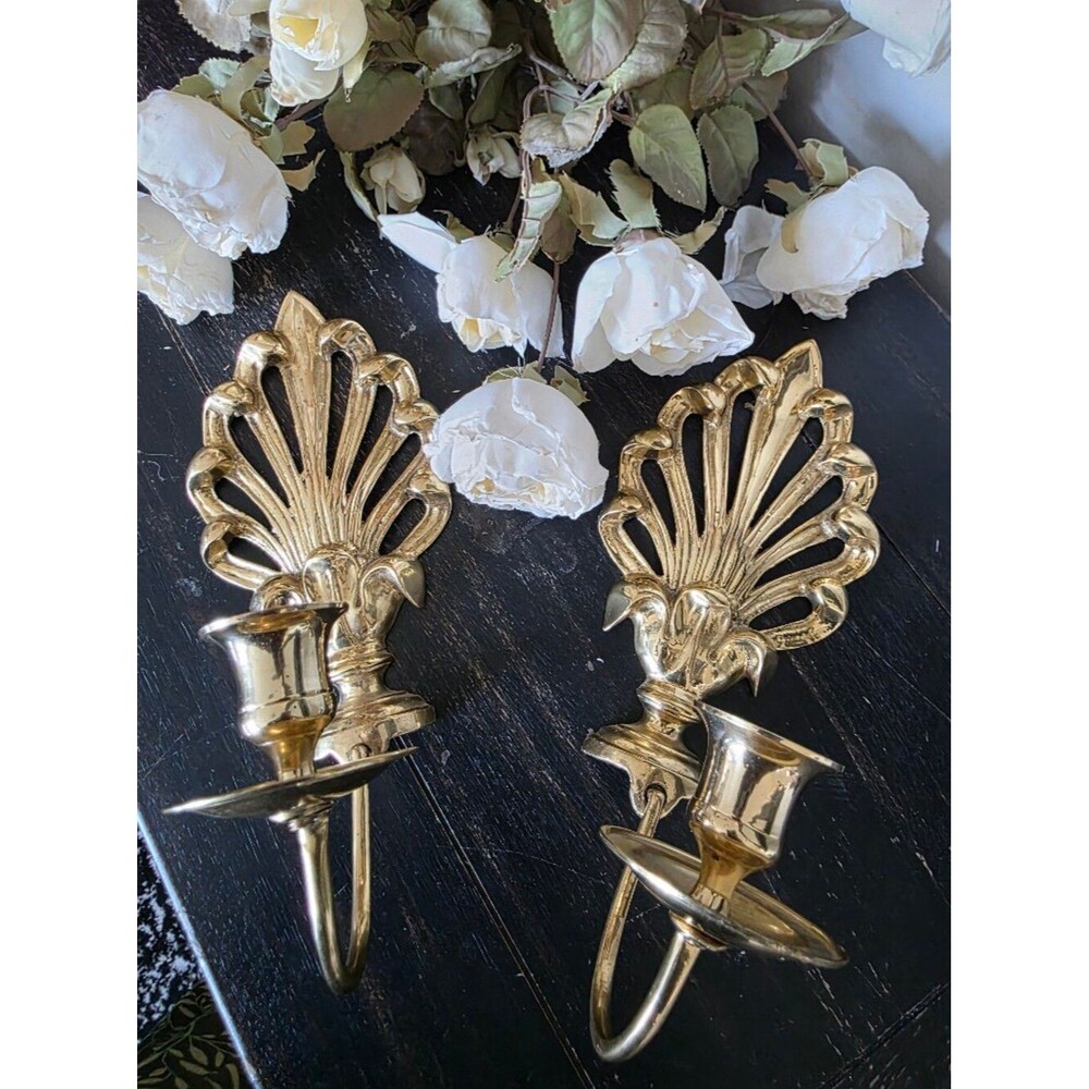 Set Of 2 Brass Gold Taper Candle Wall Sconce Holder Vtg Peacock 9' Small